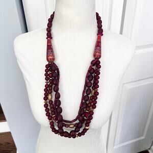 Multicolor painted tribal maroon gold wooden beaded statement necklace